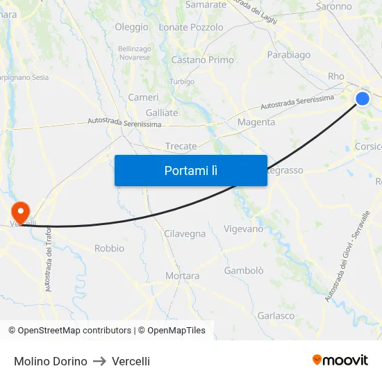 Molino Dorino to Vercelli map