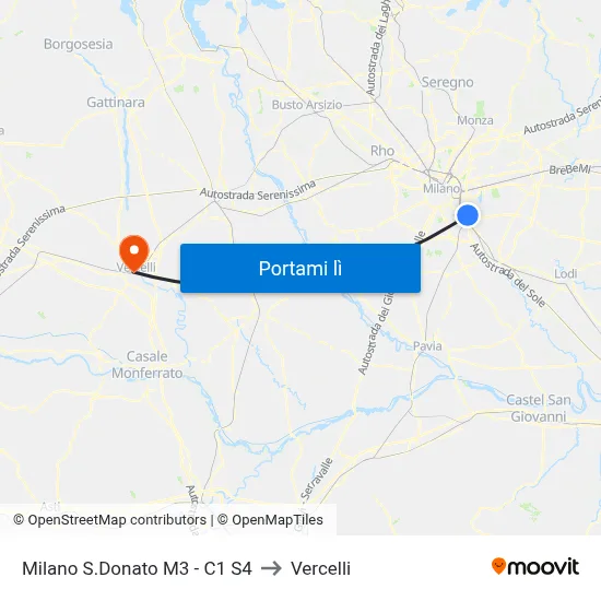 Milano S.Donato M3 - C1 S4 to Vercelli map