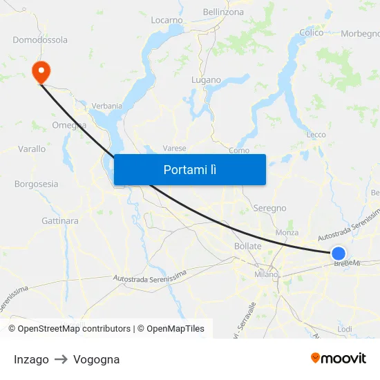 Inzago to Vogogna map