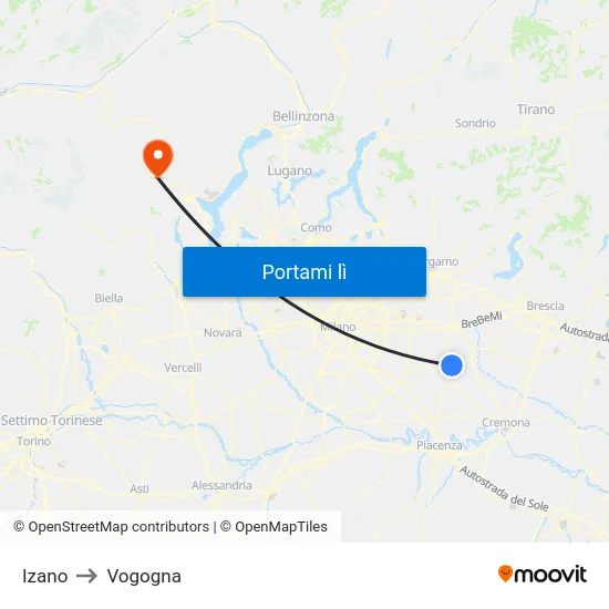 Izano to Vogogna map