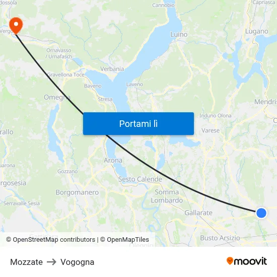 Mozzate to Vogogna map