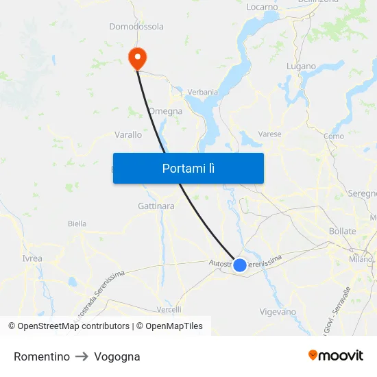Romentino to Vogogna map