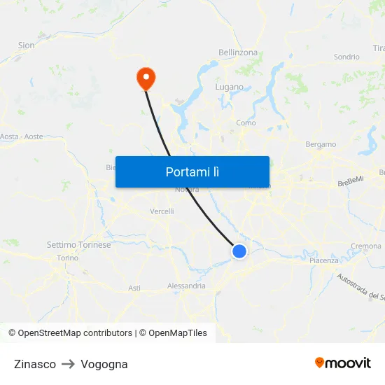 Zinasco to Vogogna map