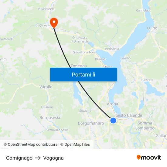 Comignago to Vogogna map