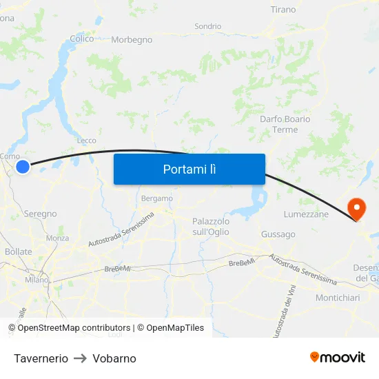 Tavernerio to Vobarno map
