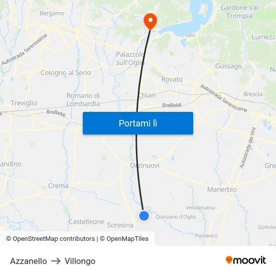 Azzanello to Villongo map