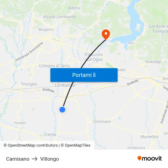 Camisano to Villongo map