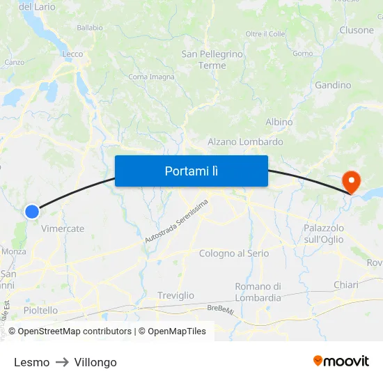 Lesmo to Villongo map