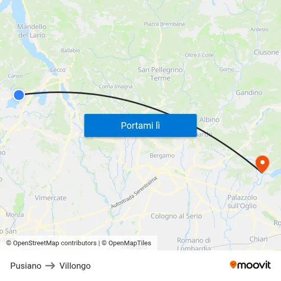 Pusiano to Villongo map