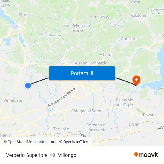 Verderio Superiore to Villongo map