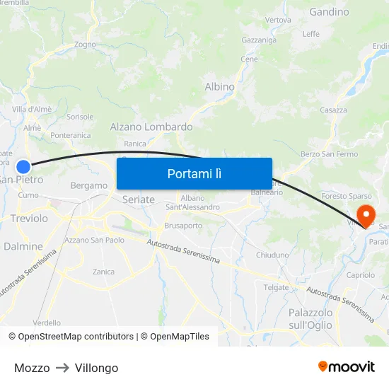 Mozzo to Villongo map