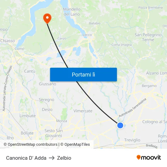 Canonica D' Adda to Zelbio map