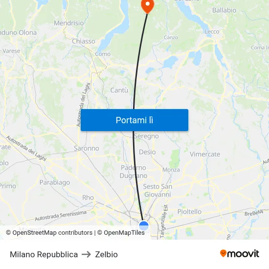 Milano Repubblica to Zelbio map