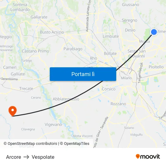 Arcore to Vespolate map