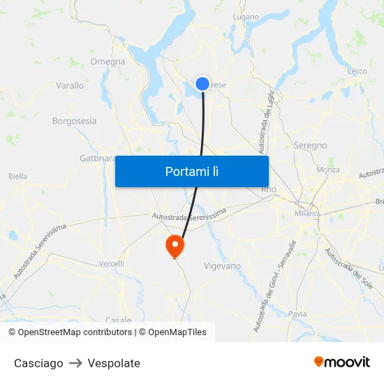 Casciago to Vespolate map