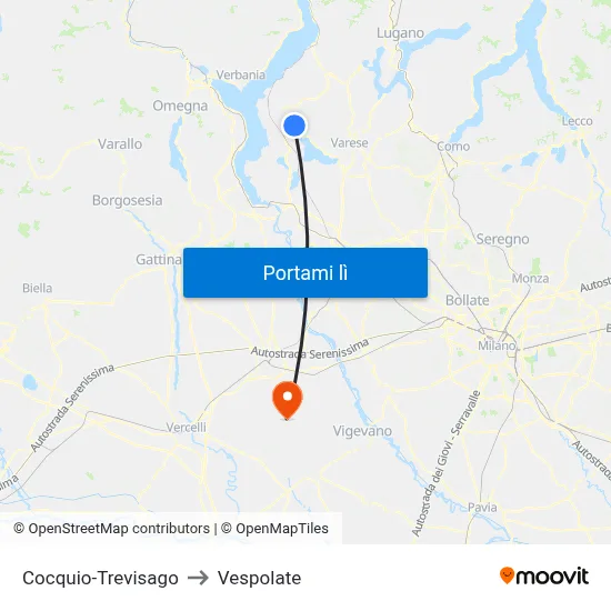 Cocquio-Trevisago to Vespolate map
