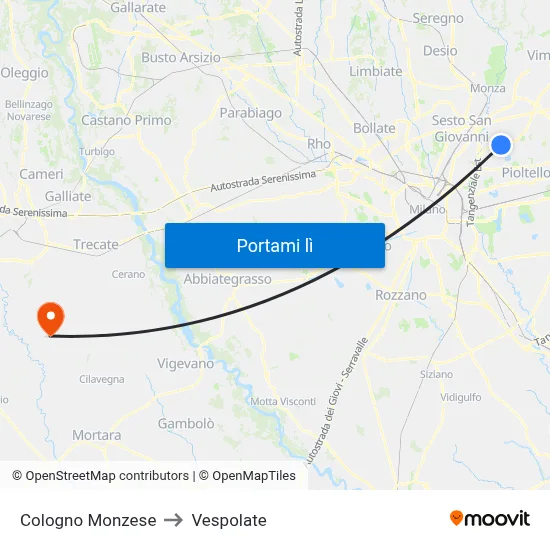 Cologno Monzese to Vespolate map