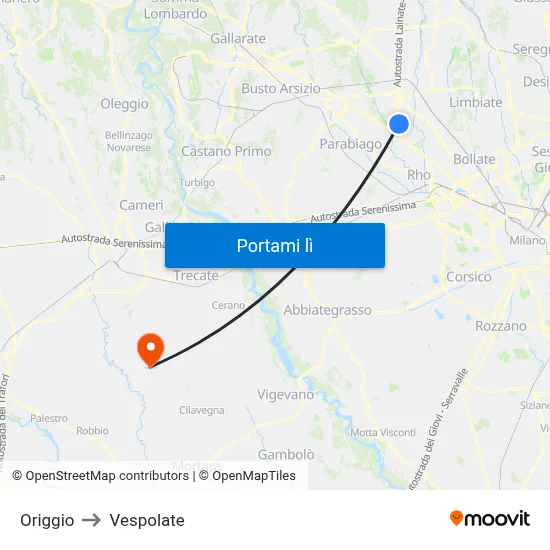 Origgio to Vespolate map