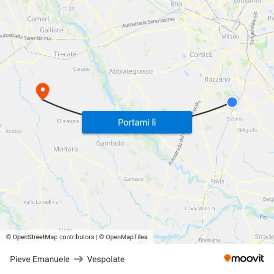 Pieve Emanuele to Vespolate map