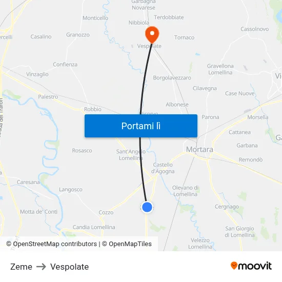 Zeme to Vespolate map