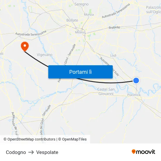 Codogno to Vespolate map