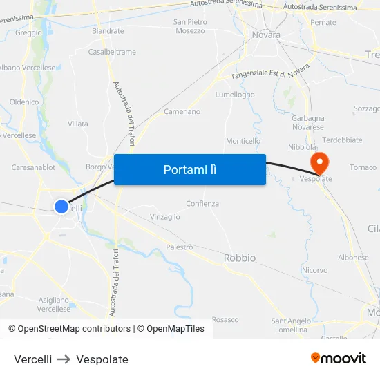 Vercelli to Vespolate map