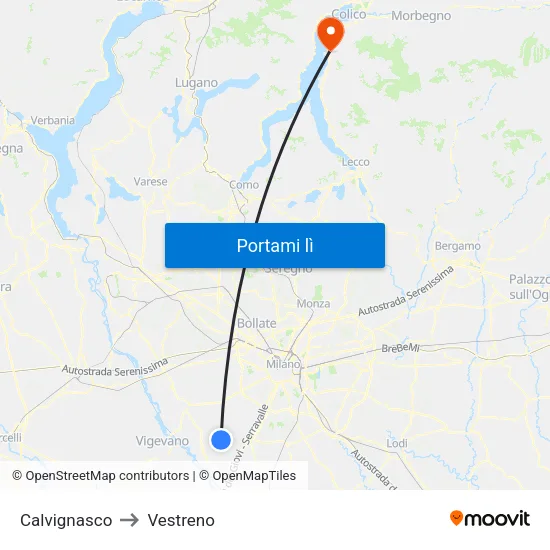Calvignasco to Vestreno map
