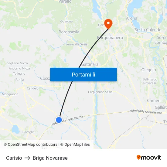 Carisio to Briga Novarese map