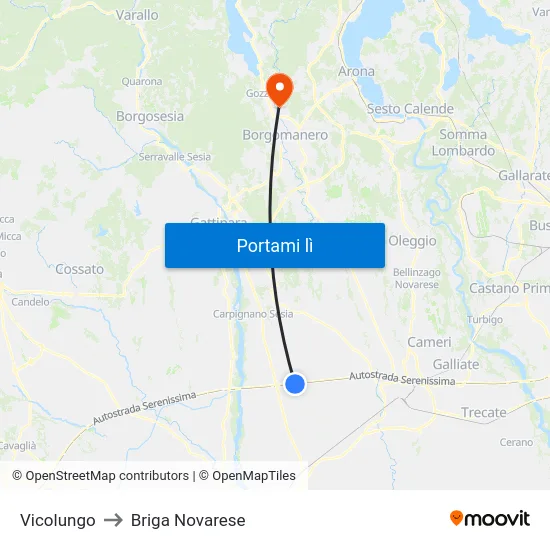 Vicolungo to Briga Novarese map