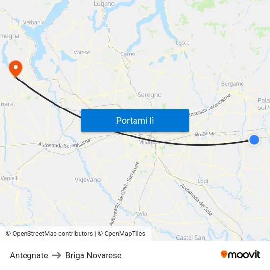 Antegnate to Briga Novarese map