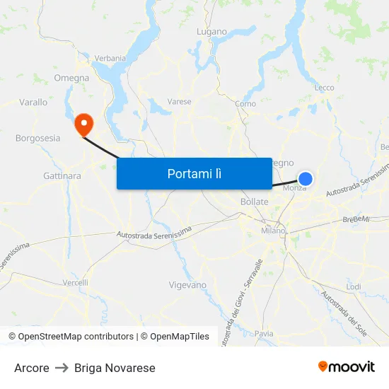 Arcore to Briga Novarese map