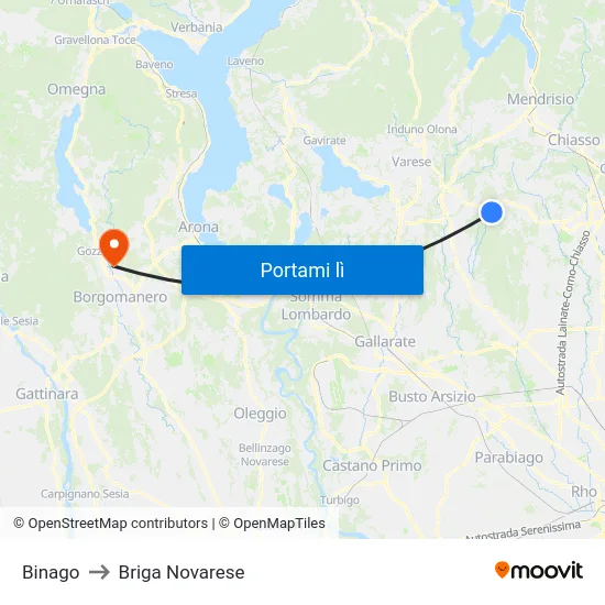 Binago to Briga Novarese map