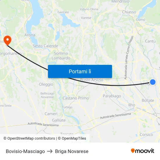 Bovisio-Masciago to Briga Novarese map