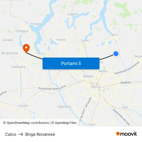 Calco to Briga Novarese map