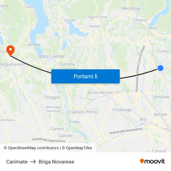 Carimate to Briga Novarese map