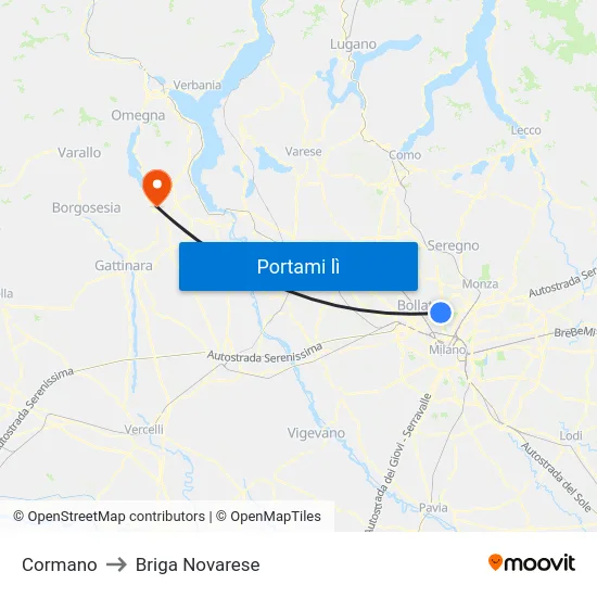 Cormano to Briga Novarese map
