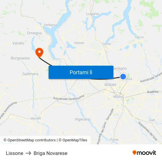 Lissone to Briga Novarese map