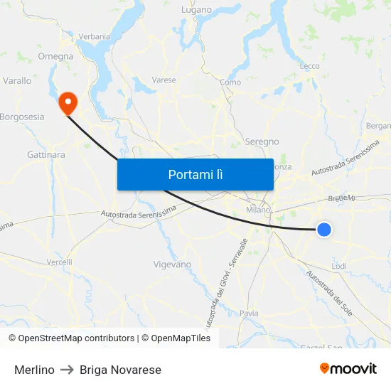 Merlino to Briga Novarese map