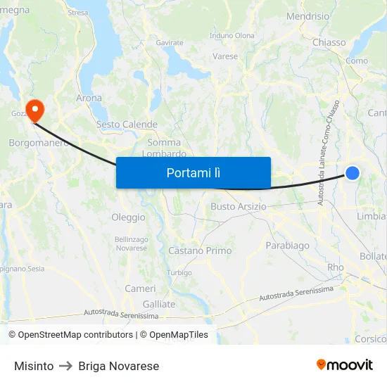 Misinto to Briga Novarese map