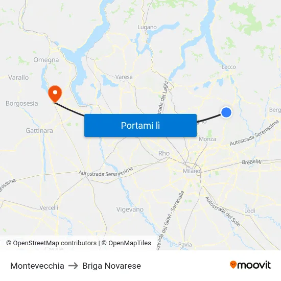 Montevecchia to Briga Novarese map