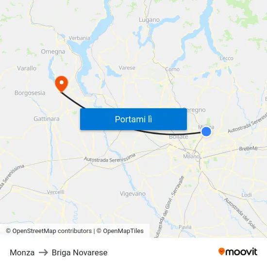 Monza to Briga Novarese map