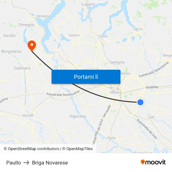 Paullo to Briga Novarese map