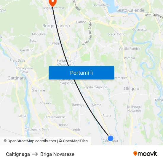 Caltignaga to Briga Novarese map
