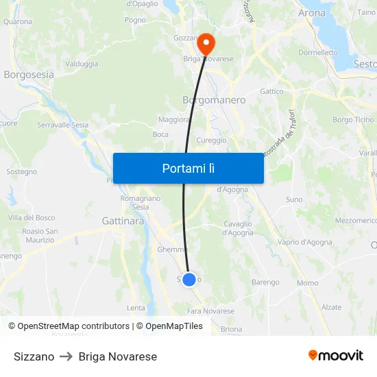 Sizzano to Briga Novarese map
