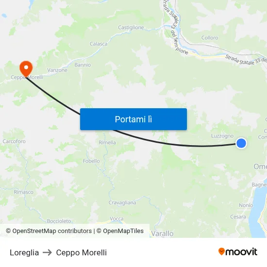 Loreglia to Ceppo Morelli map
