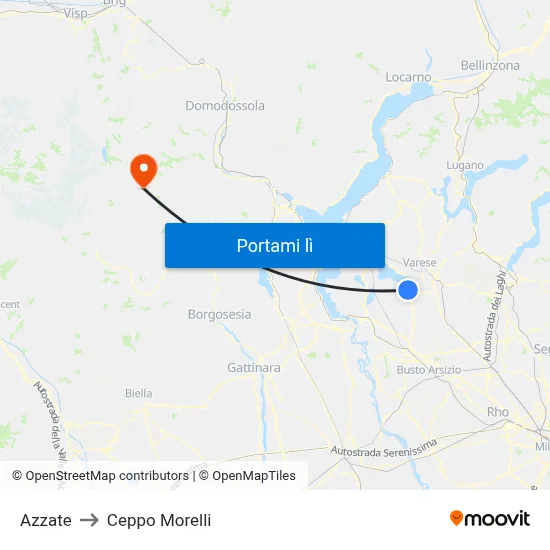 Azzate to Ceppo Morelli map