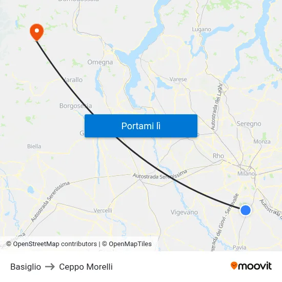 Basiglio to Ceppo Morelli map