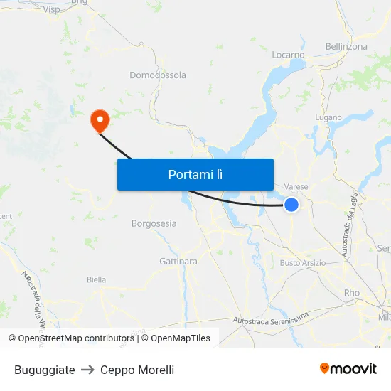 Buguggiate to Ceppo Morelli map