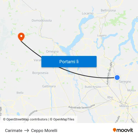 Carimate to Ceppo Morelli map