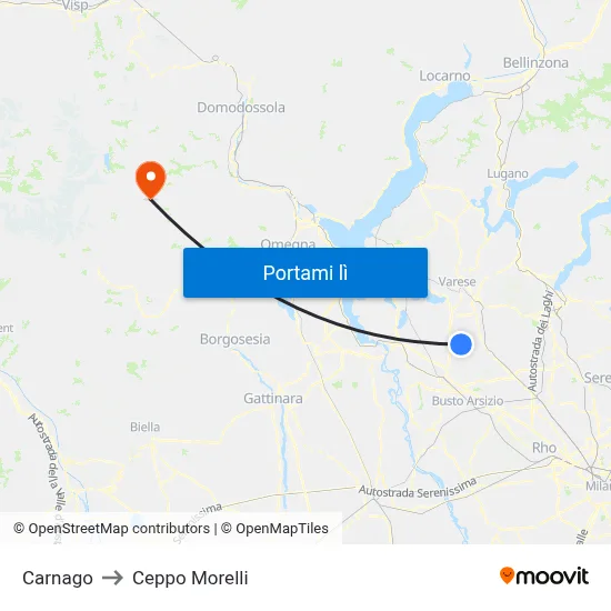 Carnago to Ceppo Morelli map